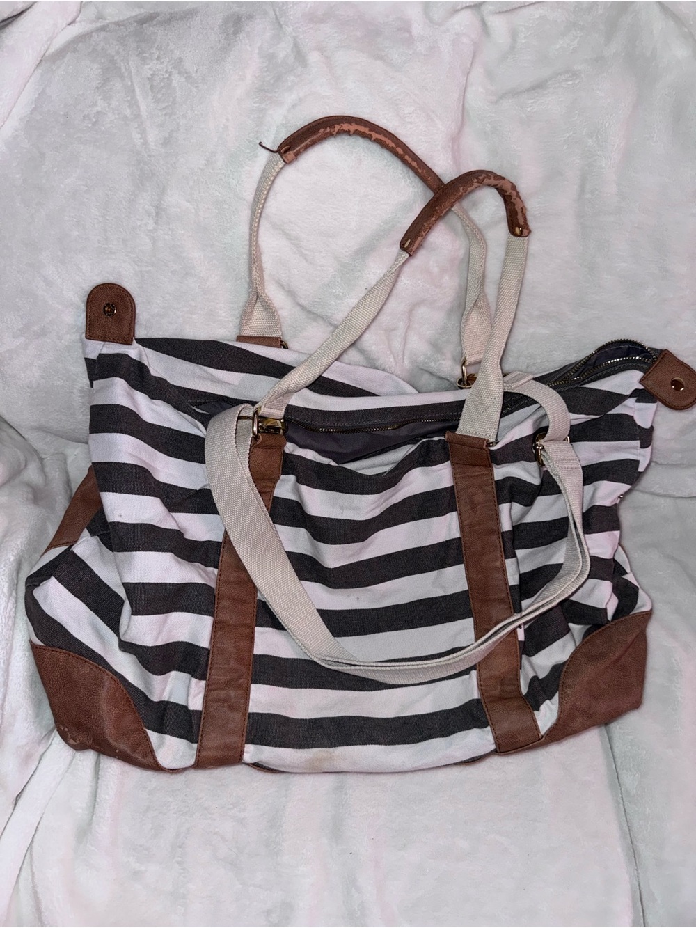 Striped Canvas Weekender / Duffel Bag with Brown Trim - Women Bags